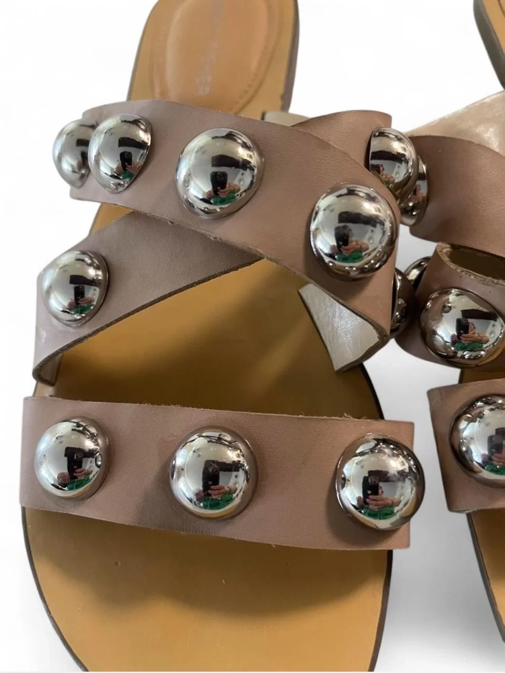 Marc Fisher Taupe Leather Slide Sandals with Silver Studs